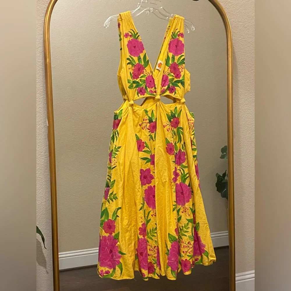FARM Rio Romantic Garden Yellow Pink Plunge Midi Dress Size M - Picture 6 of 13